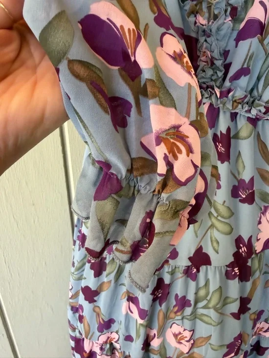 Floral V-Neck Long Sleeve Maxi Dress - Blue with Pink & Purple Flowers XXL - Picture 3 of 9